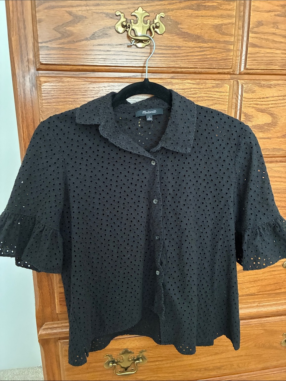 Madewell Black Eyelet Short-Sleeve Button-Up Shirt Size S